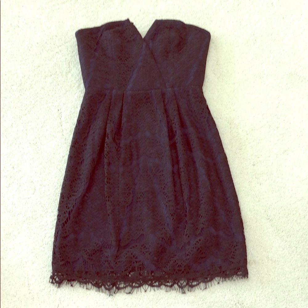 Adelyn Rae Strapless Lace Midi Dress in Deep Burgundy